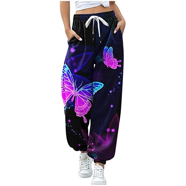 High Elastic Waisted Joggers for Women Butterfly Print Athletic Sweatpants Running Workout Trousers Drawstring Pants