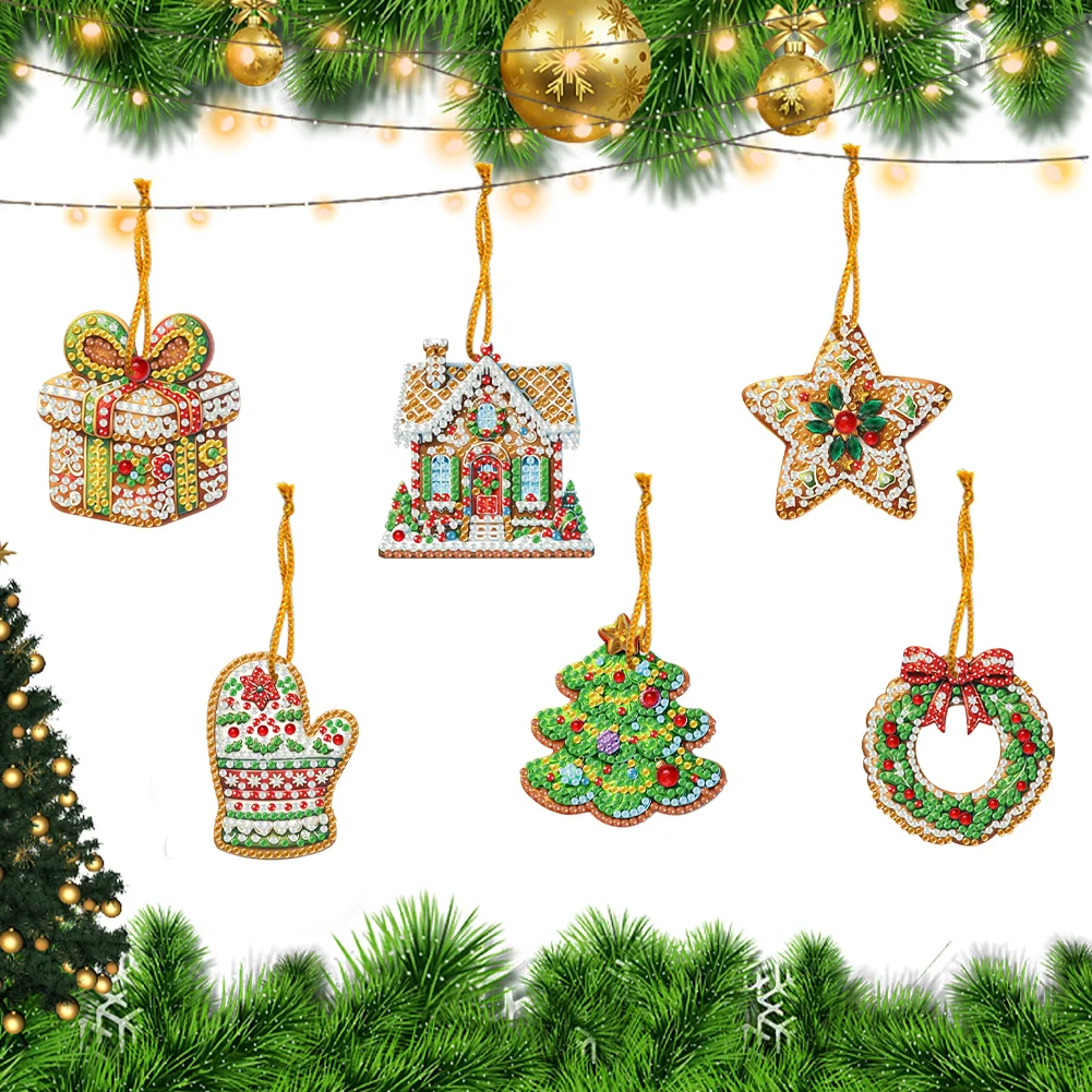 6pcs Xmas Cookies 2D Flat DIY Diamond Painting Art Pendant Wall Door Decoration
