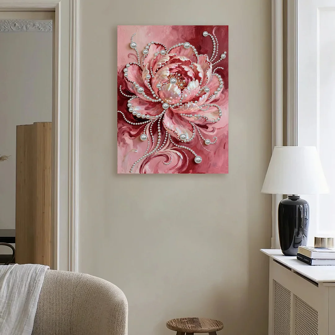 Pink Flowers DIY Pearl Diamond Art Kit for Adults Home Decor With Frame 30x40cm