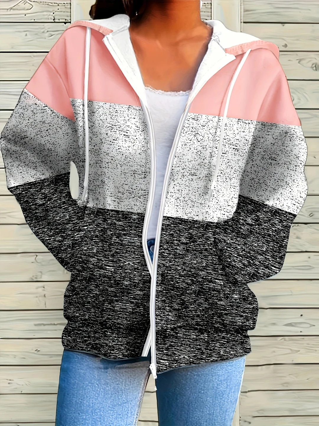 Women's Color Block Zip-Up Hoodie, Casual Long Sleeve Drawstring Hooded Sweatshirt, Polyester Knit Fabric, With Pop Print Design For All Season | IFYHOME