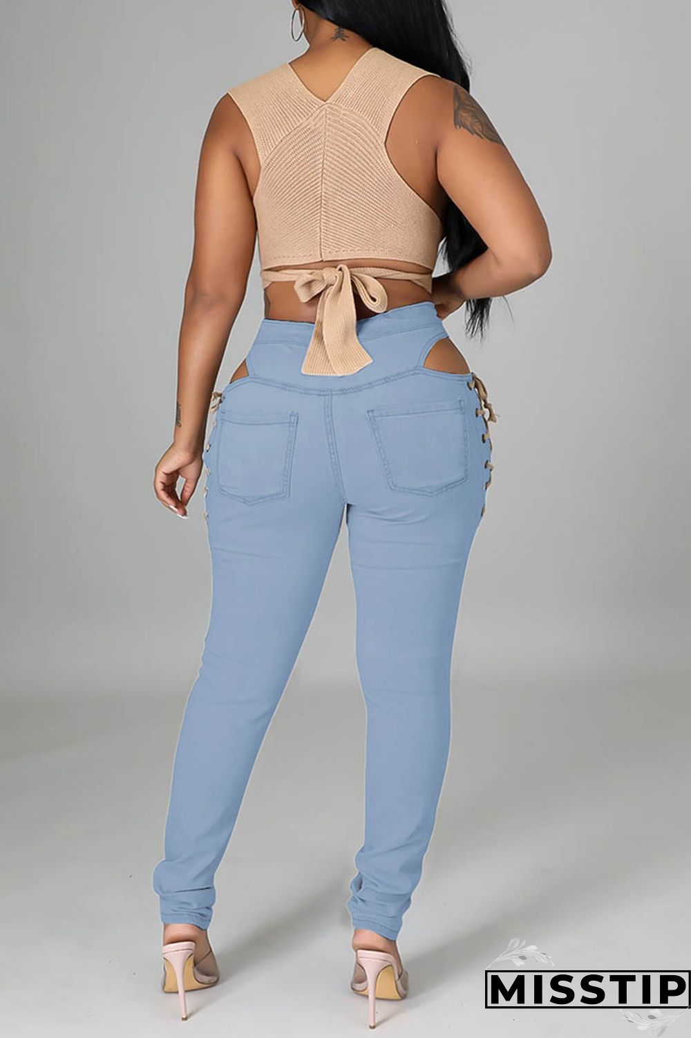 Light Blue Casual Solid Ripped Hollowed Out Frenulum Mid Waist Skinny Denim Jeans