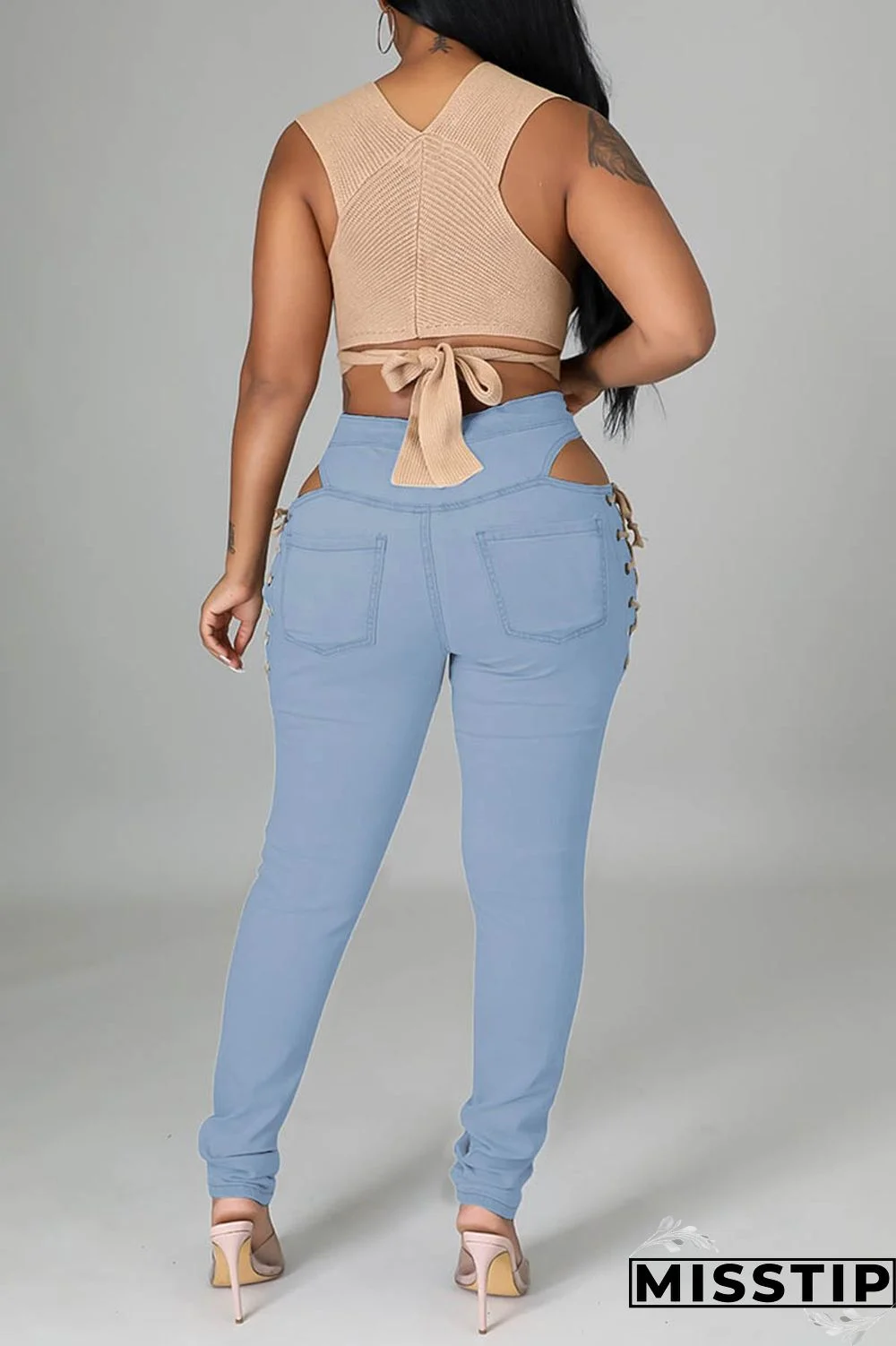 Light Blue Casual Solid Ripped Hollowed Out Frenulum Mid Waist Skinny Denim Jeans