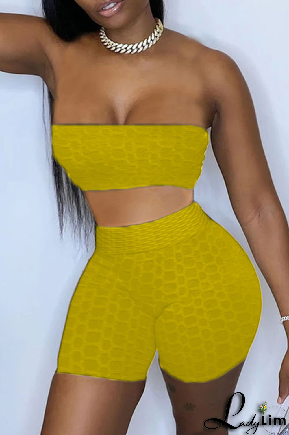 Yellow Sexy Solid Split Joint Strapless Sleeveless Two Pieces