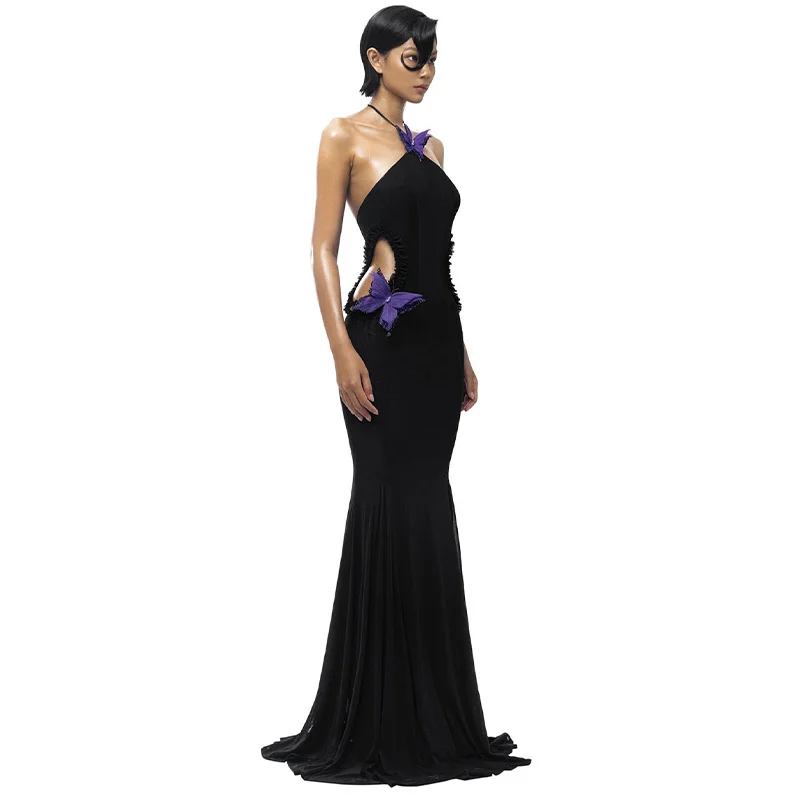 Uveng Uveng 2024 Autumn New Sexy Temperament A Word Shoulder Hanging Neck Butterfly Decoration Slim Holiday Dress Female