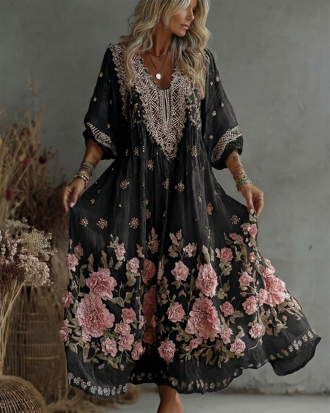 Women's Retro Floral Art Flowy Linen Blend Casual Long Sleeve Maxi Dress wearshes