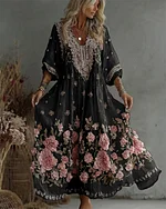 Women's Retro Floral Art Flowy Linen Blend Casual Long Sleeve Maxi Dress - Image 4