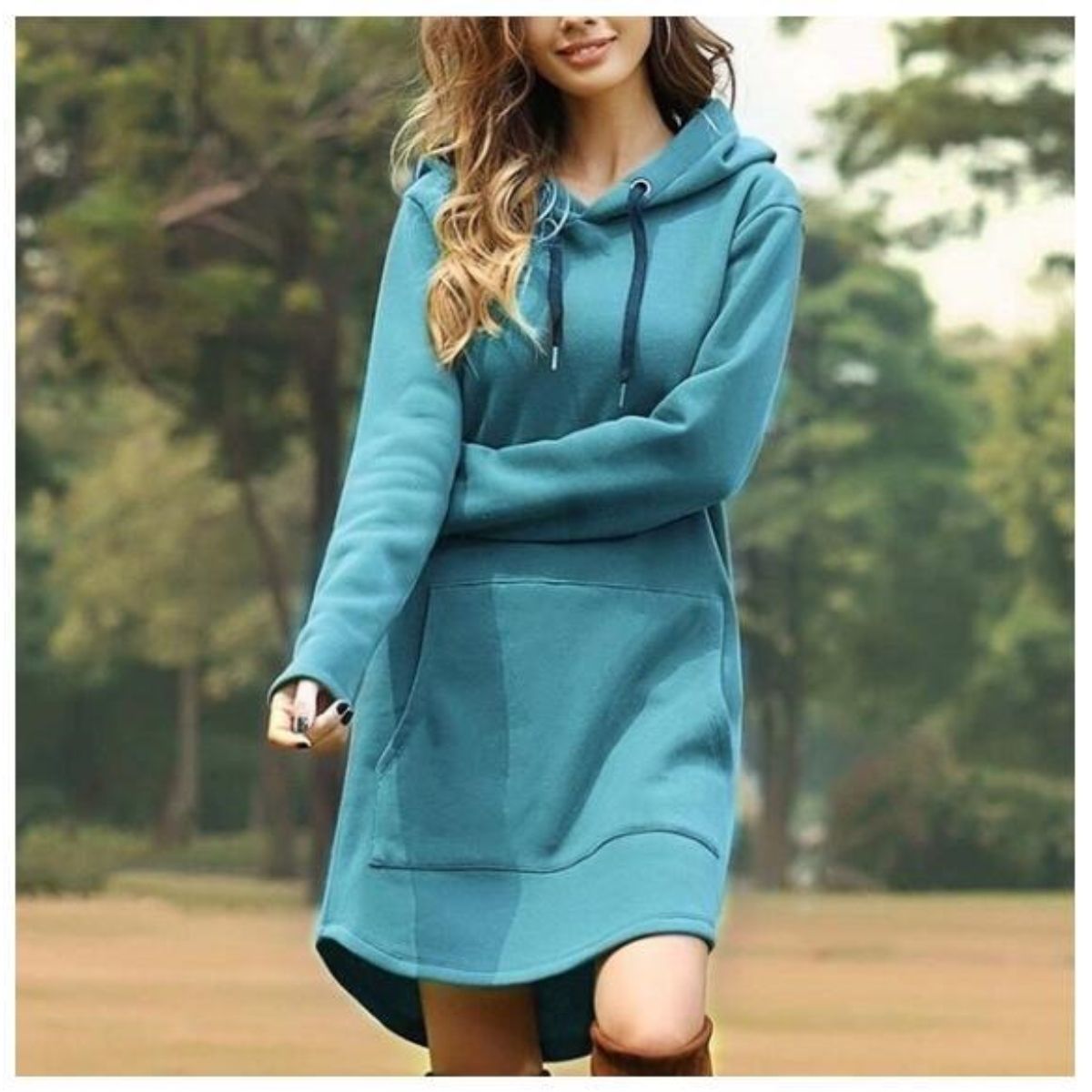 Tyrantmu autumn winter Women's Clothing Pullovers loose casual hoodie plush thick hooded solid color mid length dress Jumpers Sweaters