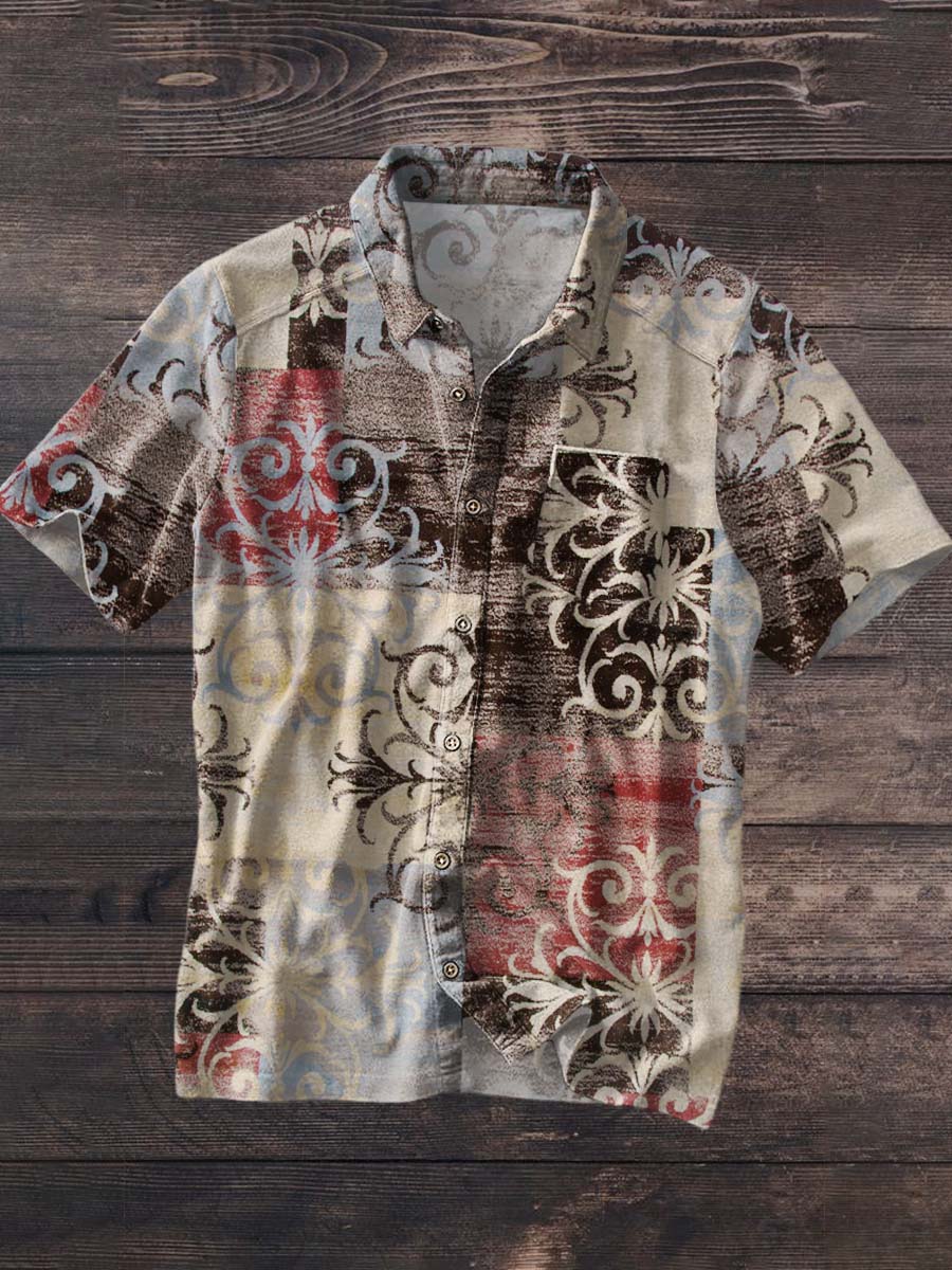 Men's Retro Floral Print Casual Lapel Short Sleeve Shirt