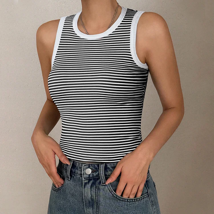 Casual Knitted Crew Neck Contrast Striped Tank Top