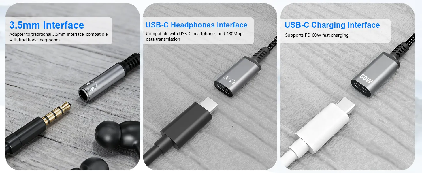 type c splitter 1 in 3 out for 3.5mm headphone, usb c headphone, charging and data transfer