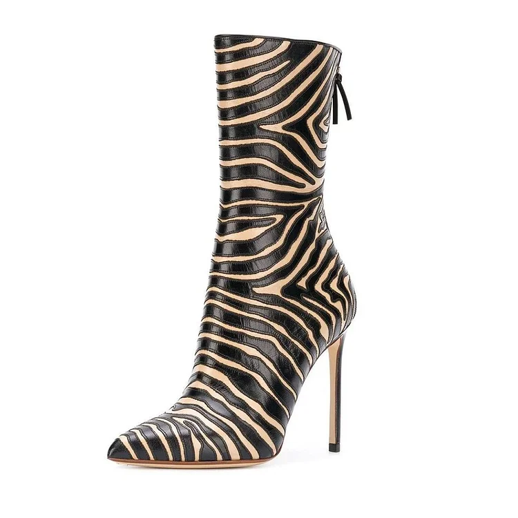 Black and Khaki Zebra Pointy Toe Stiletto Boots Fashion Ankle Boots |FSJ Shoes