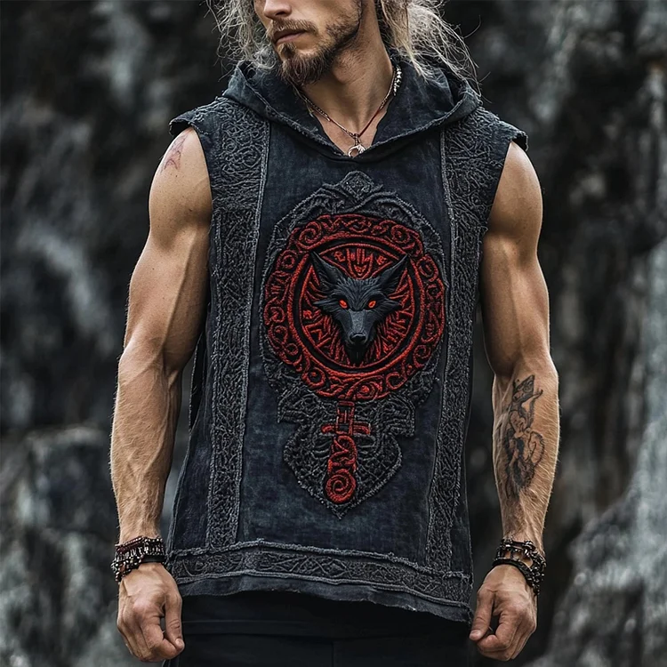 Men's Viking Wolf Embroidered Hooded Linen Tank Top