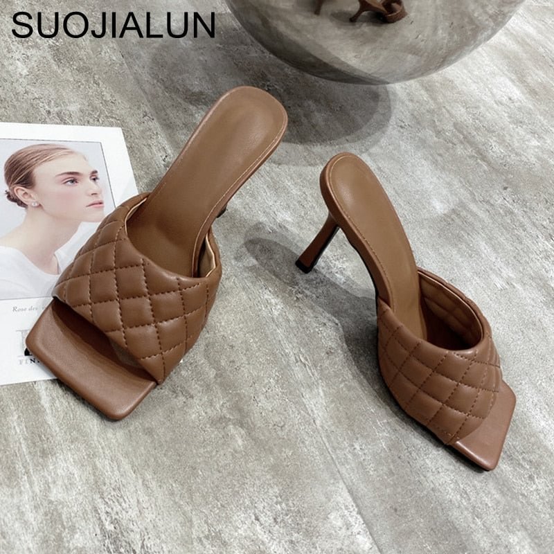 SUOJIALUN 2021 Brand Design Women slippers Elegant Square Toe Thin High Heels 9CM Slippers Summer Outdoor Beach Slides Shoes