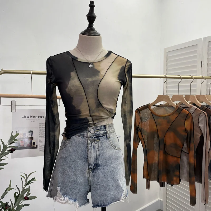 Uveng Sunset Sun Dyed Elastic Mesh Yarn T-Shirt Stacked With Long-Sleeved Top Press Line T-Shirt 8980