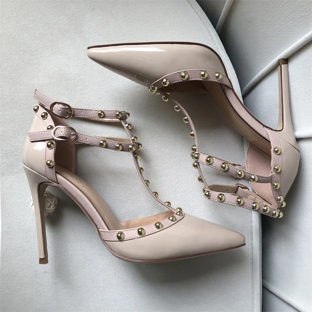 3.94&ldquo; Womens Pointed Toe Pumps Golden Round Rivets Ankle Strap Apricot Sandals-vocosishoes
