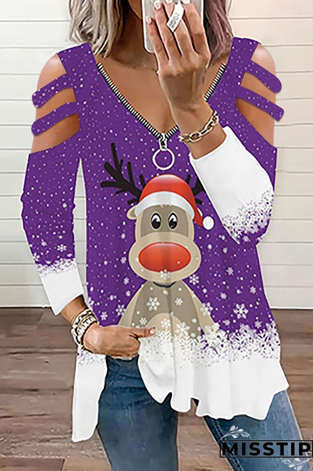 Blue Casual Print Hollowed Out Patchwork V Neck Tops