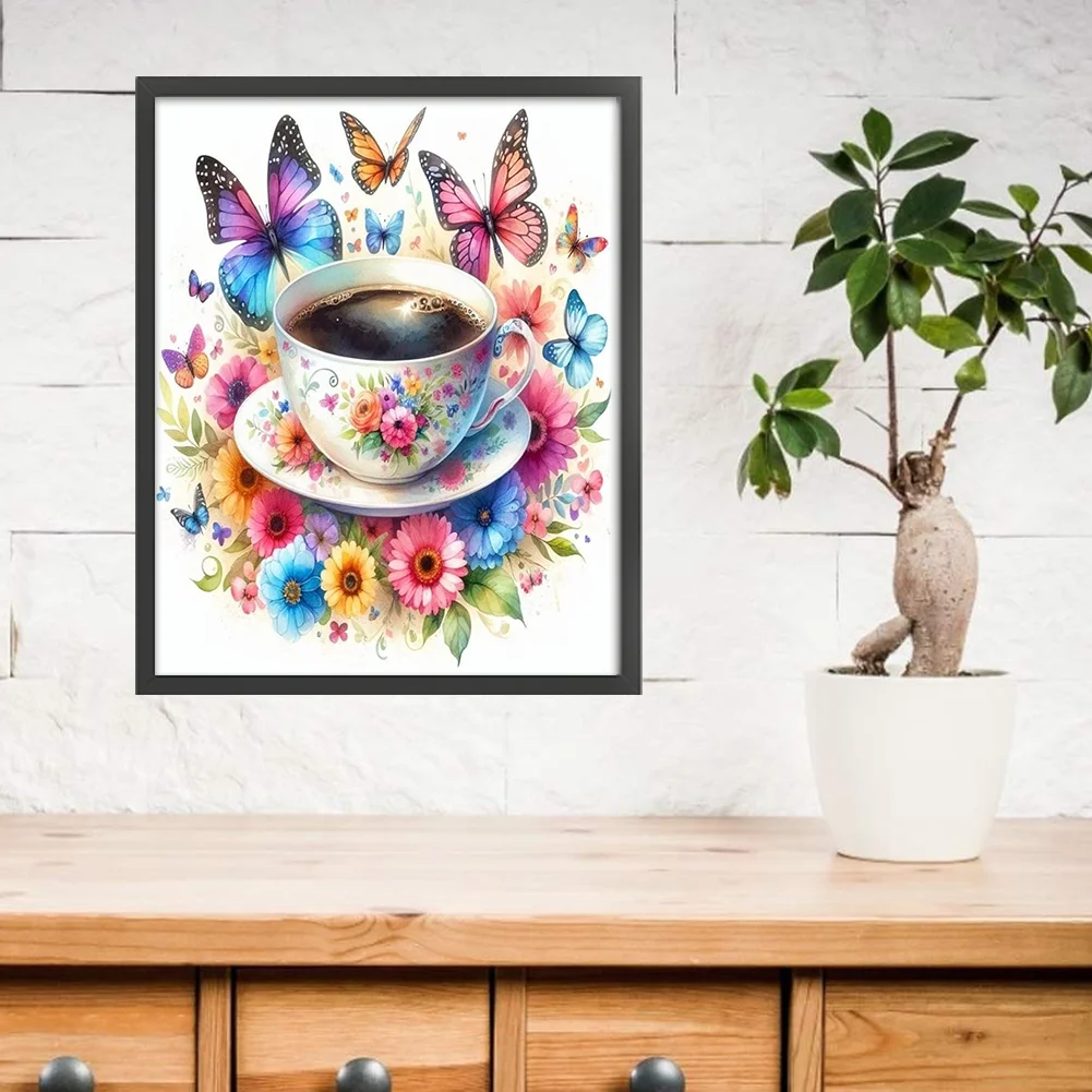 11CT Full Stamped Cross Stitch - Flower Butterfly Coffee(Canvas|40*50CM)