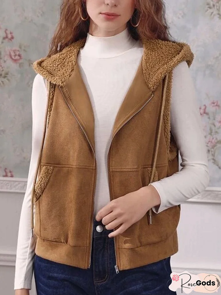 Suede Faux Fur Plain Retro Hooded Zipper Warm Vest Plus Size