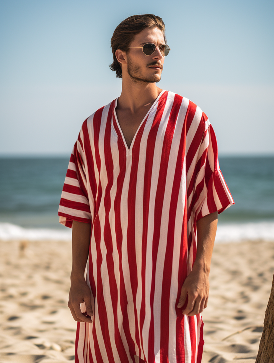 Red Striped V-neck Men Kaftan Long Caftan