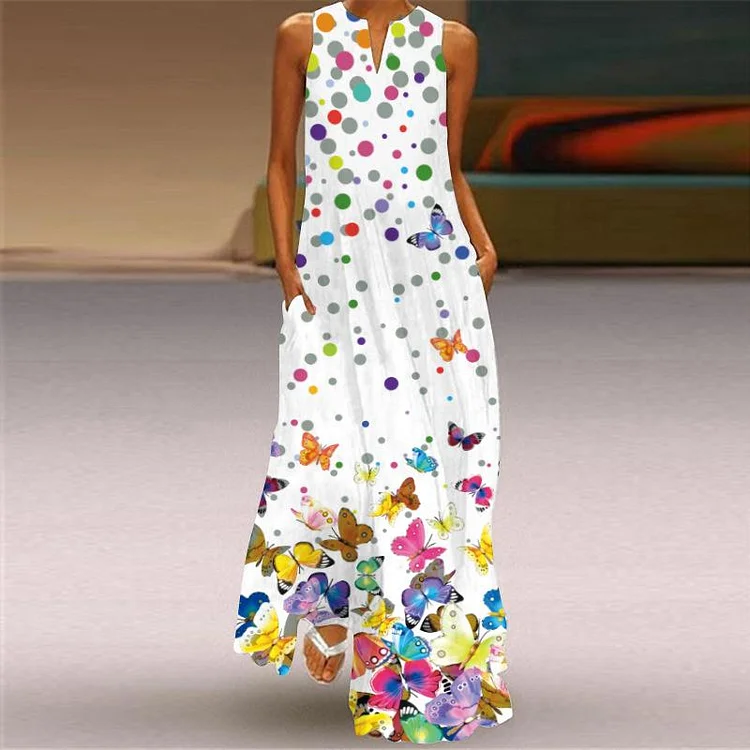 Sleeveless V-neck Butterfly Print Dress-Mayoulove