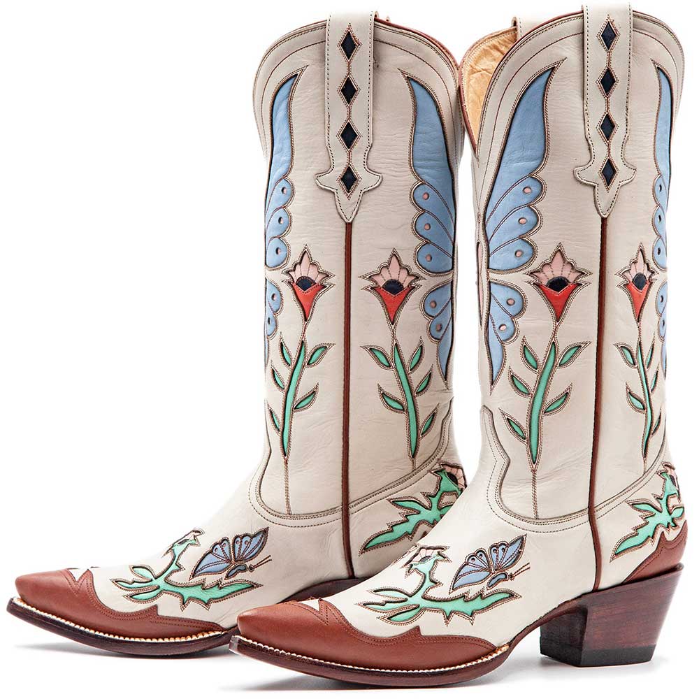 Multicolor Butterfly & Floral Inlay Knee Cowboy Boots for Women