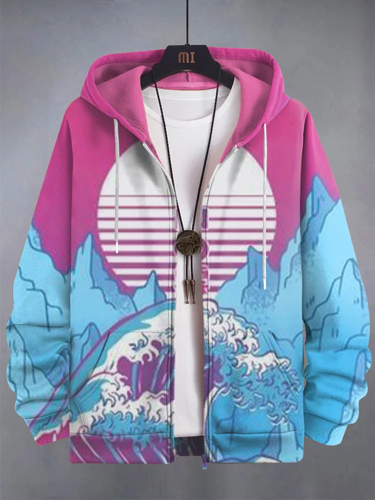 Men's Wave Landscape Japanese Art Print Hooded Zip Up Jacket