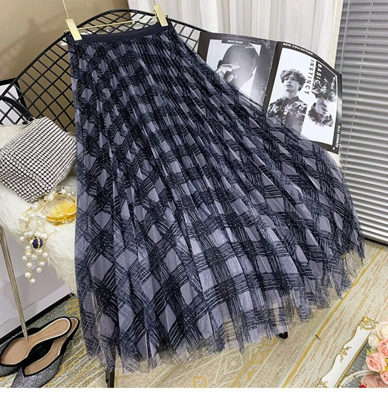 2022 Spring and Summer Mesh Long Women's Skirts High Waist Love Printed Elegant A-Line Pleated Skirt Fashion New
