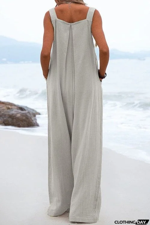 Solid Button Sling Wide-Leg Jumpsuit