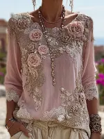 Boho Pink Roses Lace Round Neck Comfy Linen Tunic