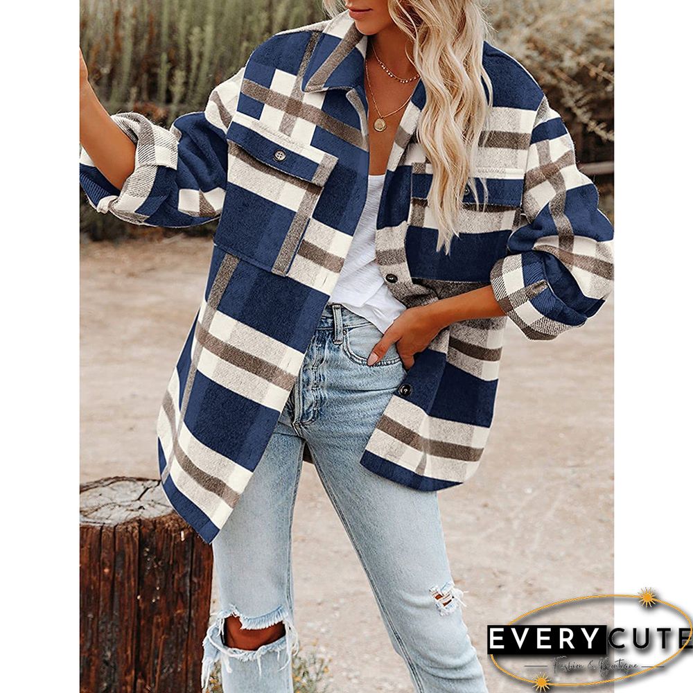 Navy Blue Plaid Flannel Button Shirt Jacket