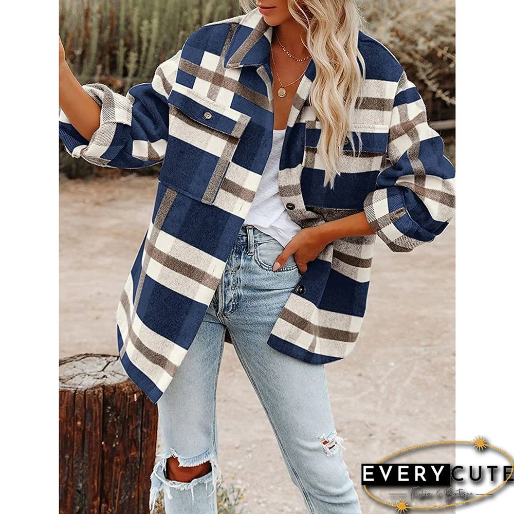 Navy Blue Plaid Flannel Button Shirt Jacket