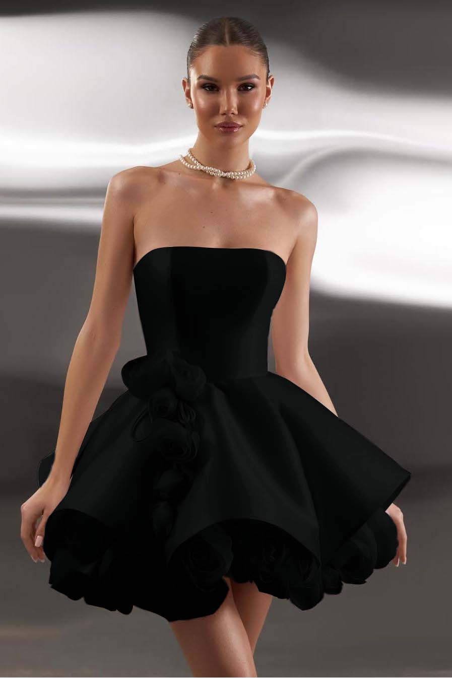 Lussooy Chic Sleeveless White Satin Strapless Floral Short A Line Prom Dress  