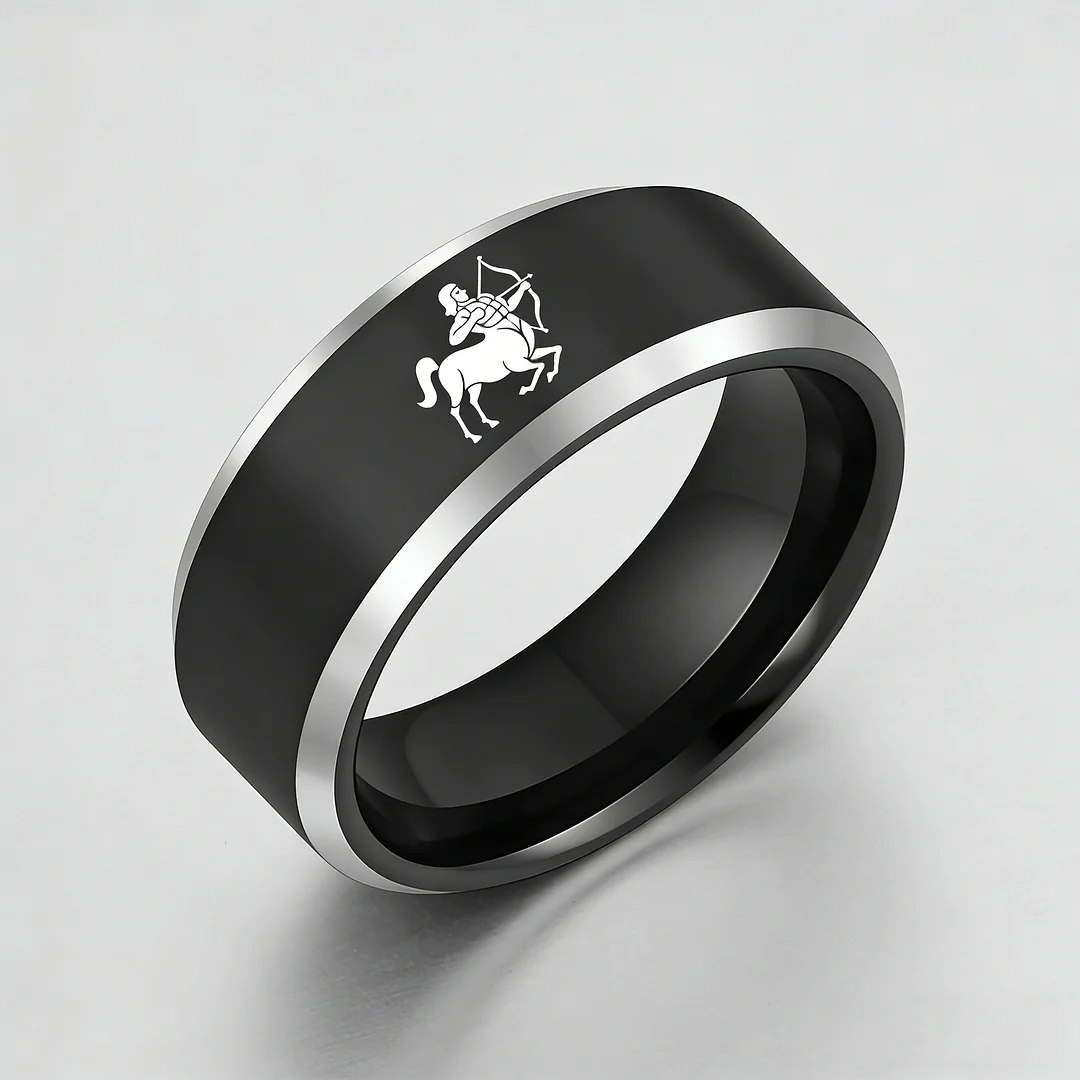 Beveled Edges Black Laser Etched Tungsten Carbide Rings Black Sagittarius Couple Wedding Bands 4MM 6MM 8MM