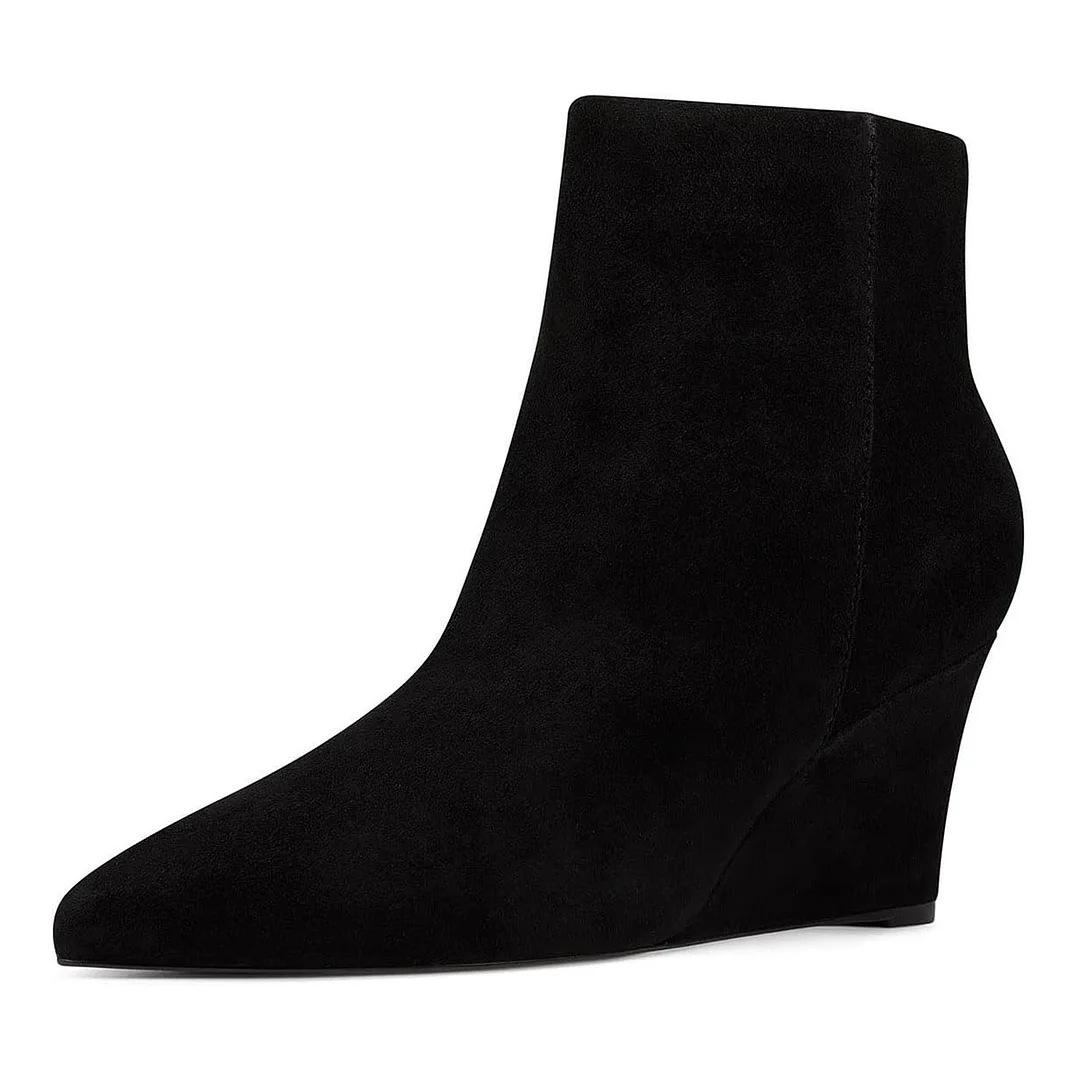 Vegan Suede Pointed Toe Wedge Heel Zipper Short Booties in Black