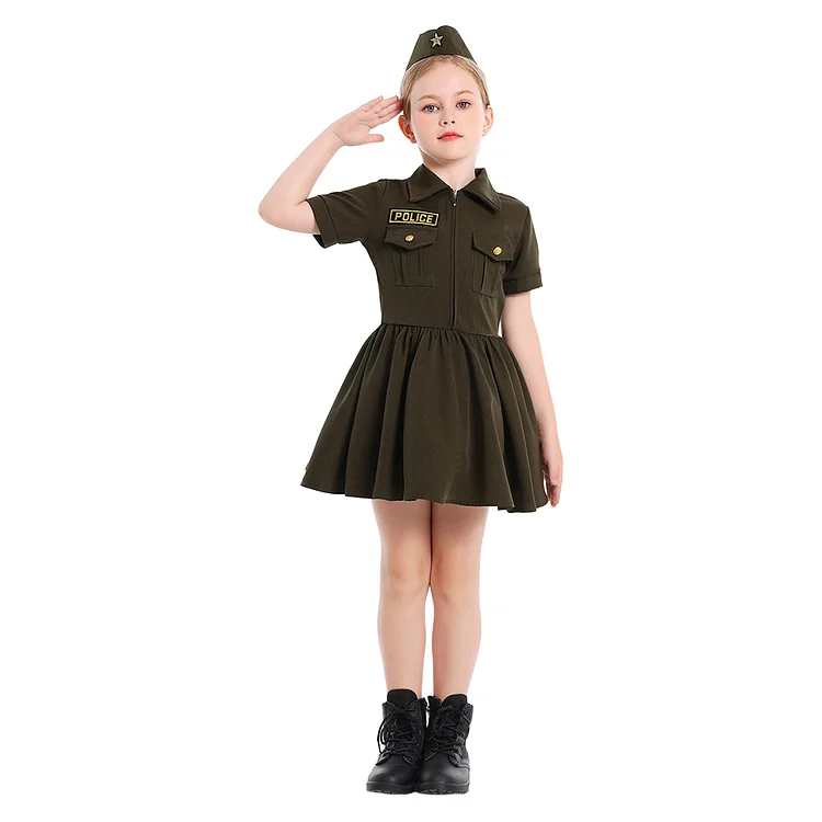 Kids Children WW2 Army Uniform Green Dress Hat Set Cosplay Costume Halloween Carnival Suit