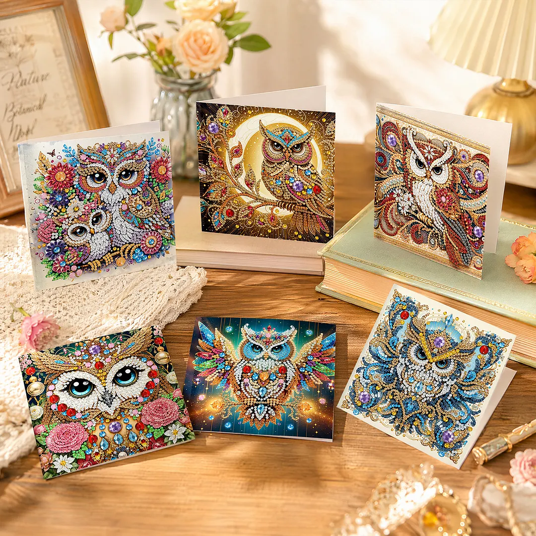 6pcs Owl DIY Diamond Painting Greeting Card Kits with Envelopes Diamond Art Greeting Cards Diamond Art Cards Kits for Adults DIY Crafts Family Friend Gifts