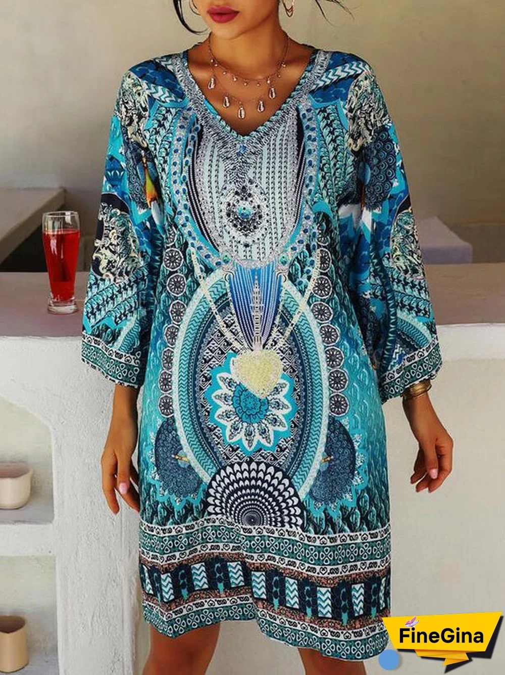 Women's V-neck Long Sleeve Printed Midi Dress