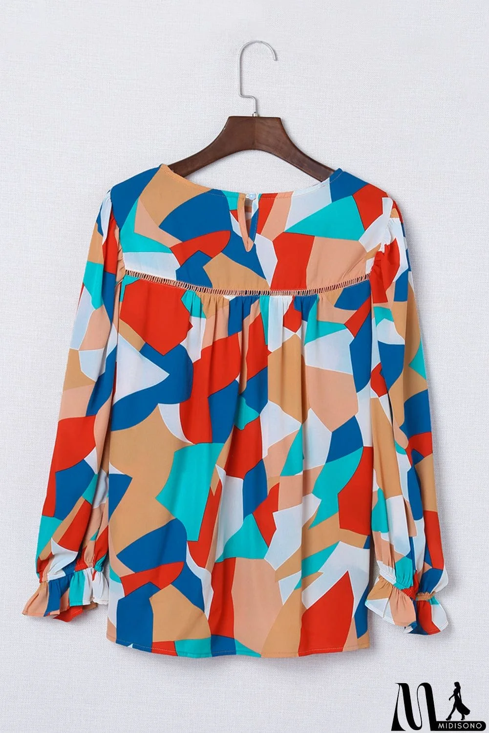 MidiSono - Abstract Pattern Crewneck Ruffled Puff Sleeve Blouse