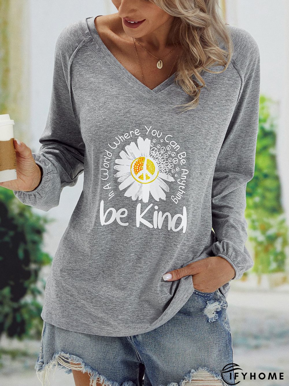 Casual V neck Long Sleeve Printed Tunic T-Shirt | IFYHOME