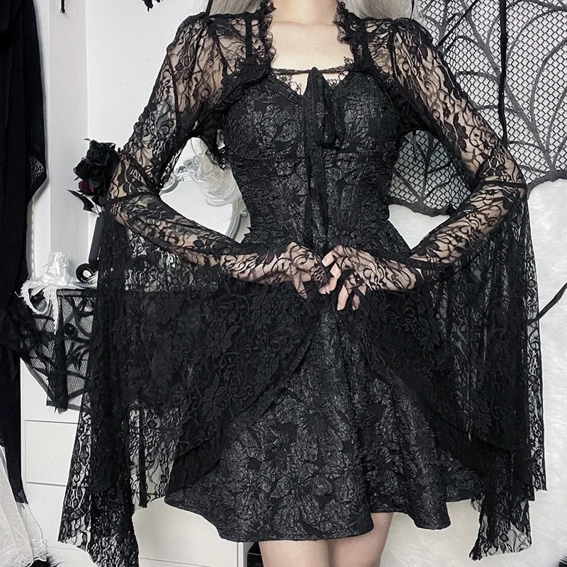 Sonicelife Halloween Vintage Gothic  Black Lace T-shirt Women Streetwear Flare Sleeve See Through  Smock  Top Elegant Aesthetic Cropped Tops