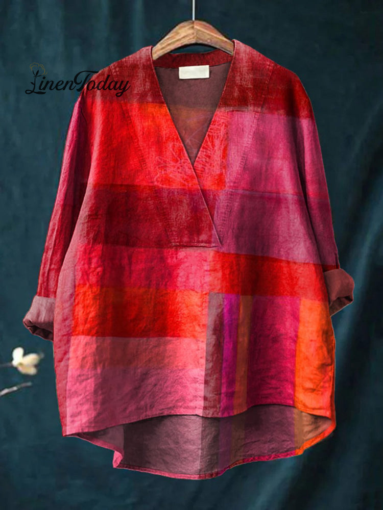 Oil Painting Geometric Color Block Art Printed Women’s Casual Cotton And Linen V-Neck Shirt