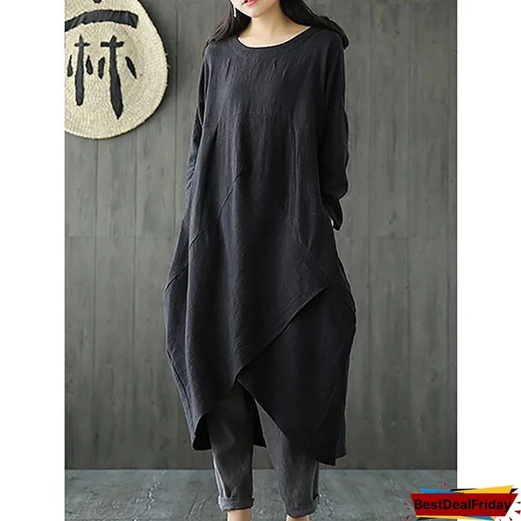 Woman Plus Size Linen-Cotton Dress Vintage Long Sleeve Maxi Dress