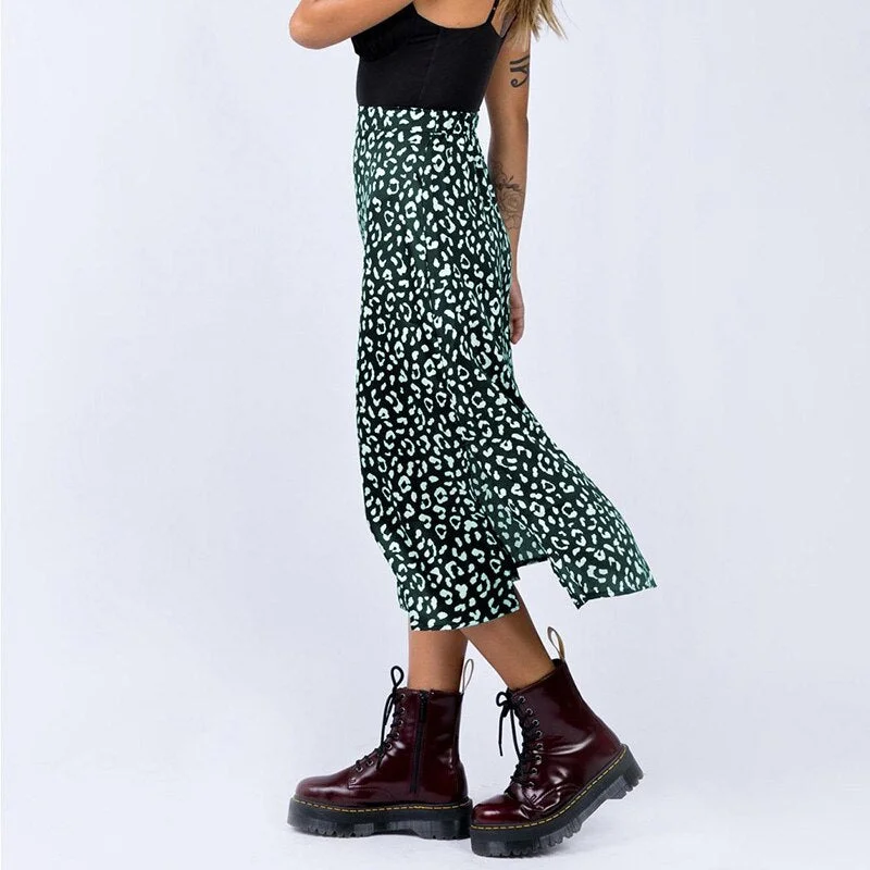 2021 New Sexy Leopard Print Chiffon Split Skirt Casual Fashion Long Skirts for Women Spring Summer Zip Elegant Female Skirt