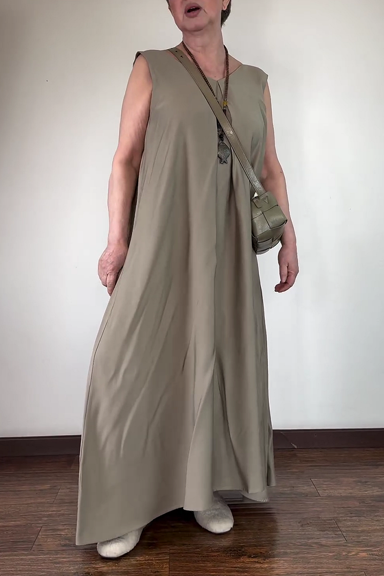 Plain V Neck Open Back Sleeveless Linen Casual Maxi Dresses [Pre Order]