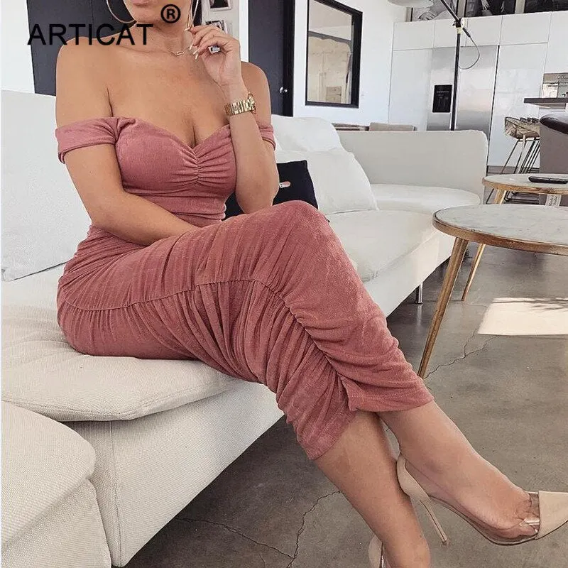 Articat Off Shoulder Strapless Sexy Party Dress Women Sleeveless Backless Bodycon Long Ruched Summer Dress Black Casual Dress
