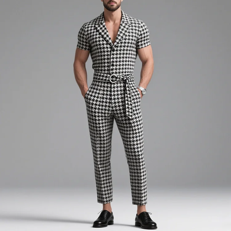 Okaywear Houndstooth Pattern Lapel Collar Short Sleeve Button Belt Jumpsuit 