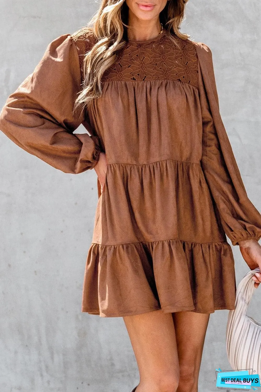 Chestnut Floral Lace Crochet Tiered Ruffled Mini Dress