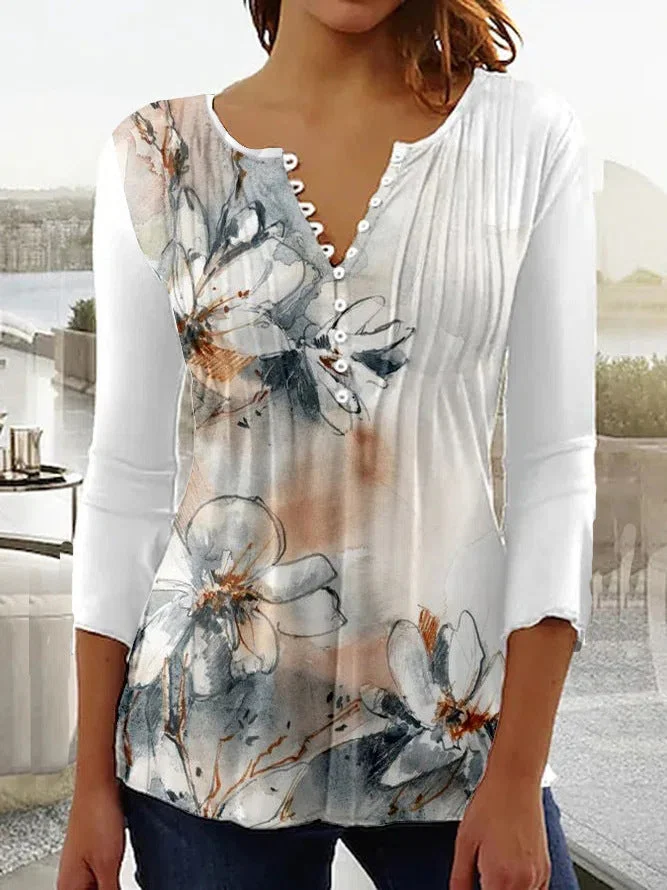 Uveng Wear Floral Printed V-neck Sleeve Pleated Blouses