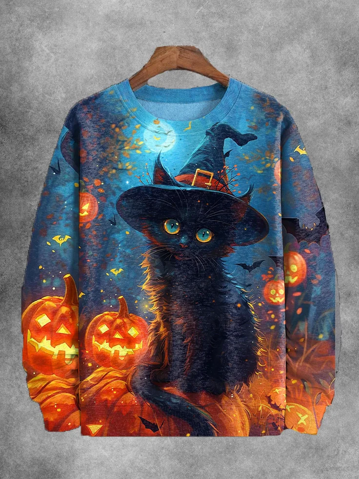 Men's Black Cat Witch Hat Pumpkins Halloween Print Casual Sweatshirt