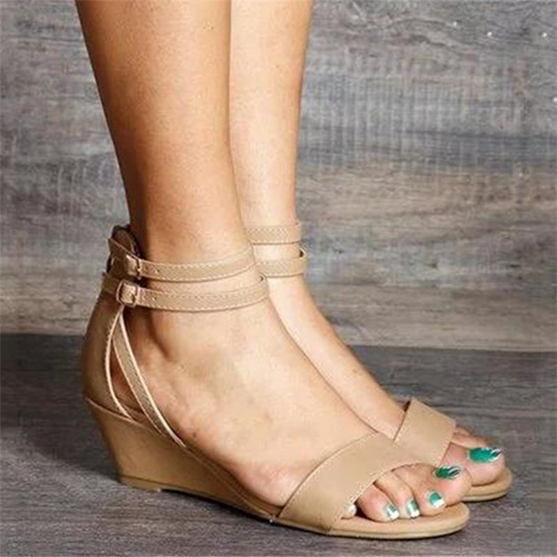 Women's peep toe ankle strap low wedge sandals